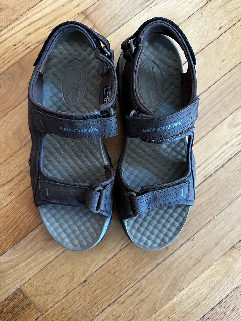 Skechers Men's Dark Brown and Gray Hook-and-Loop Sandals. Size 13